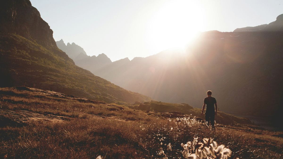 Person walking in a field during sunrise representing serenity, healing, and peace.