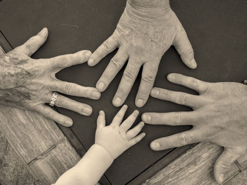 Four hands representing the idea that trauma can impact multiple generations.