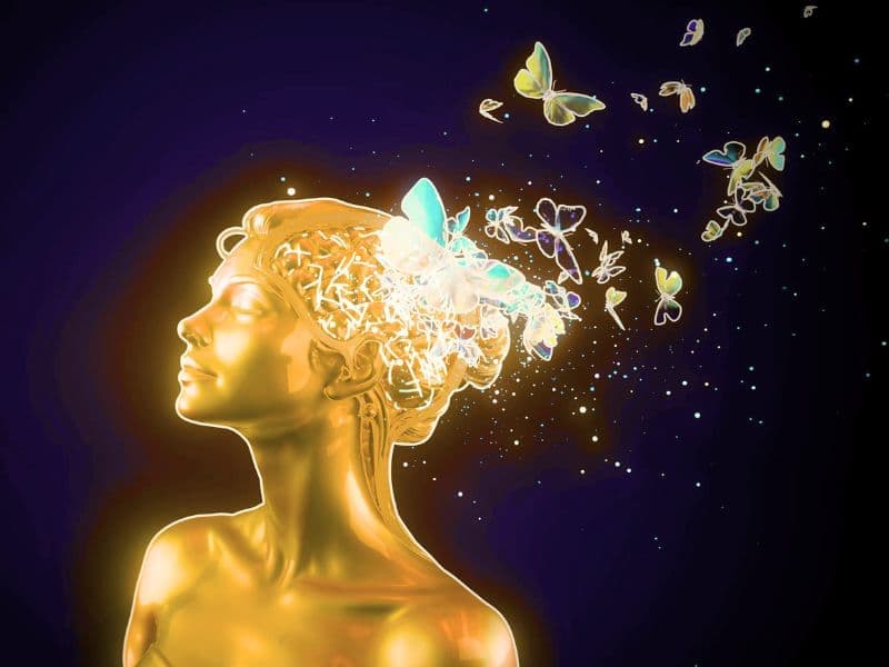 Person with butterflies flying out of brain representing personal growth after trauma.