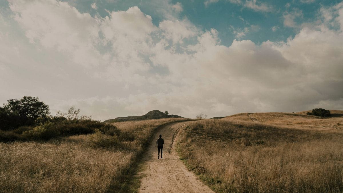 Person walking along a path through an open field beneath a cloudy sky, symbolizing the journey of healing from trauma.
