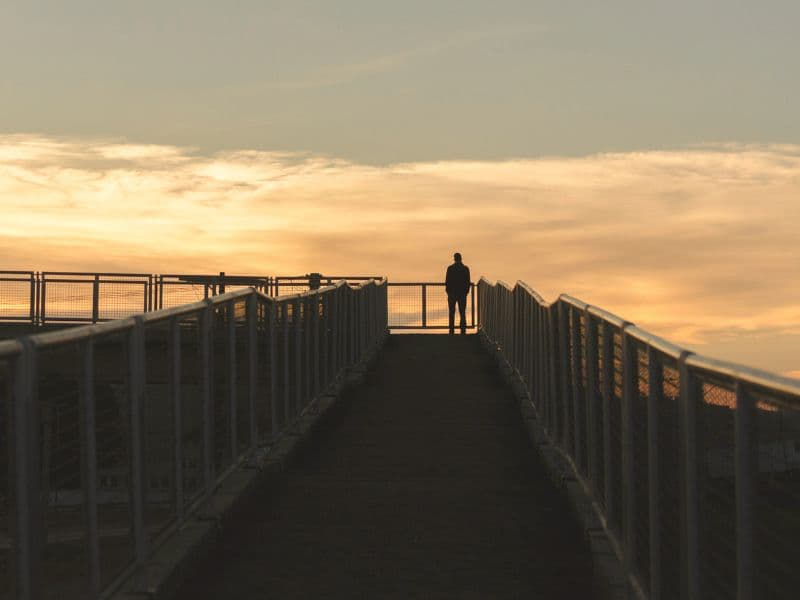 Person standing at the end of a boardwalk overlooking the scenery at sunset, reflecting on life in survival mode after childhood trauma.